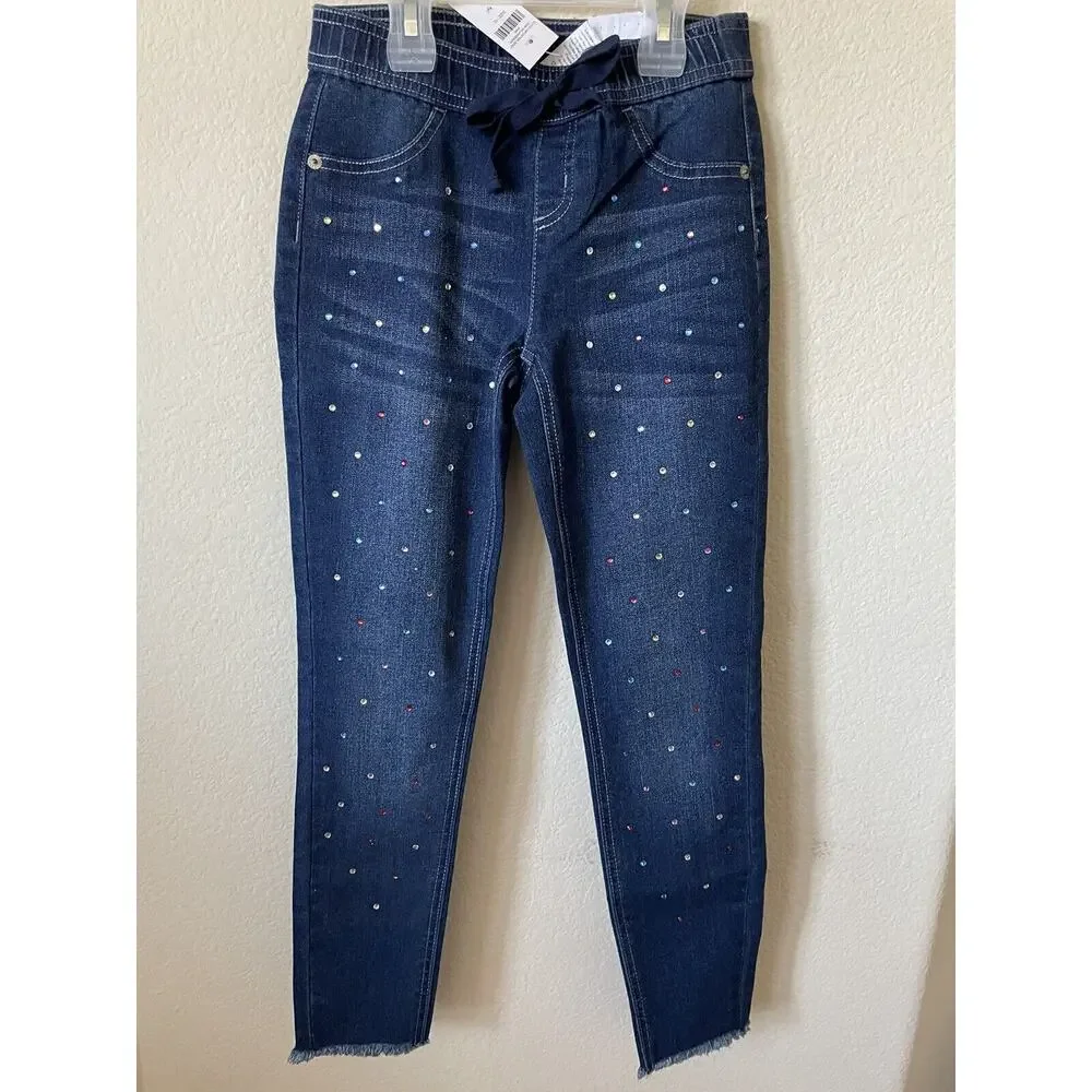 Justice Dark Wash Rhinestones Stretchy Girls Pull On Jean Leggings Pants Size 10